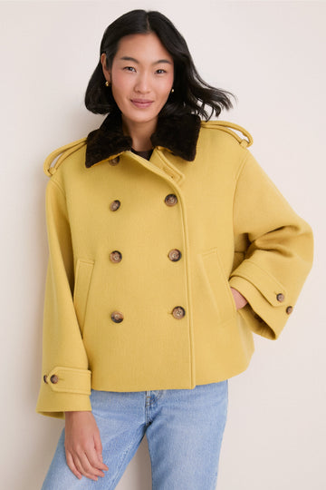 Yellow Woven Fur Collared Jacket