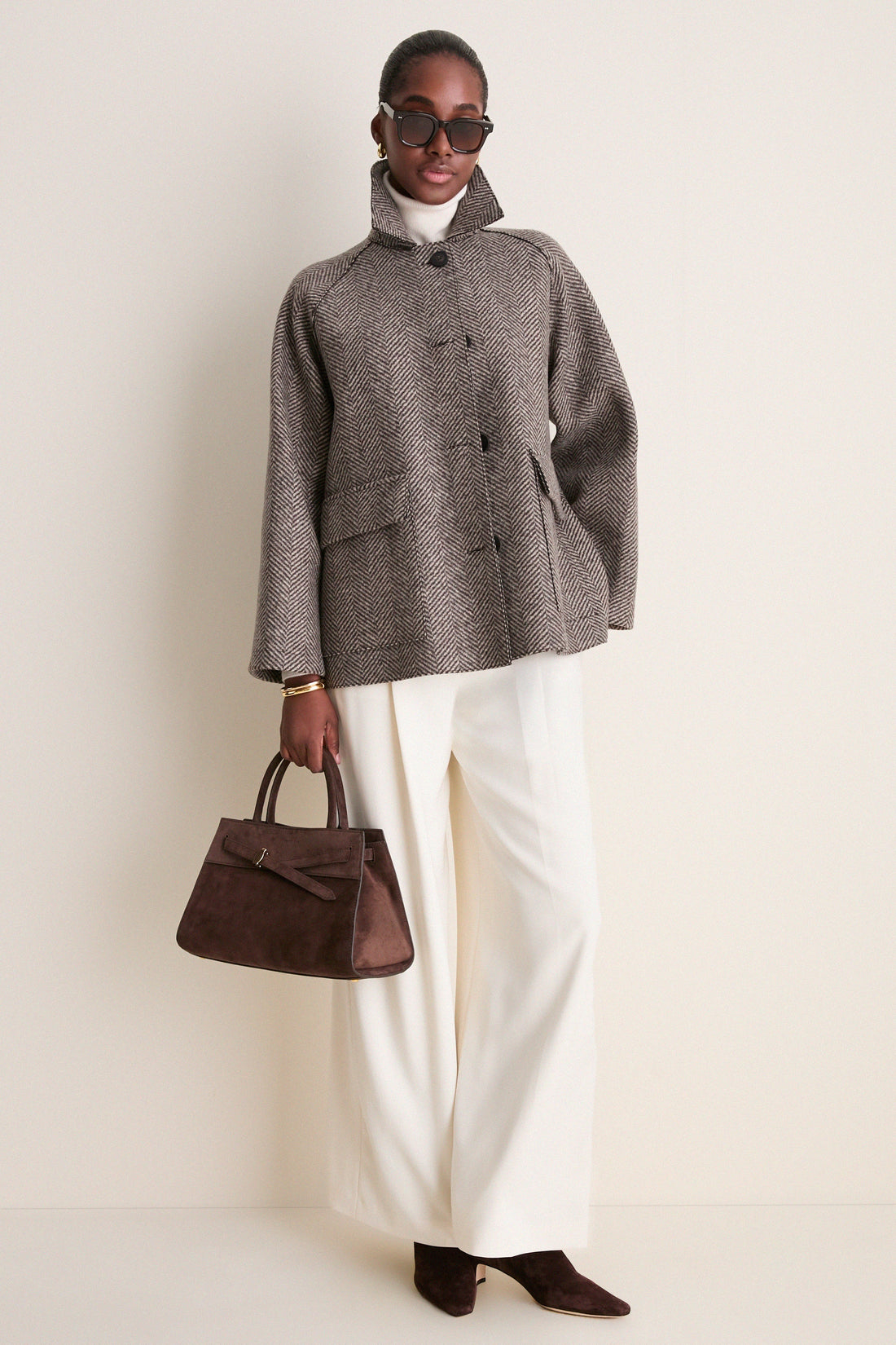 Cream and Brown Herringbone Patterned Cashmere Blend Raglan Jacket