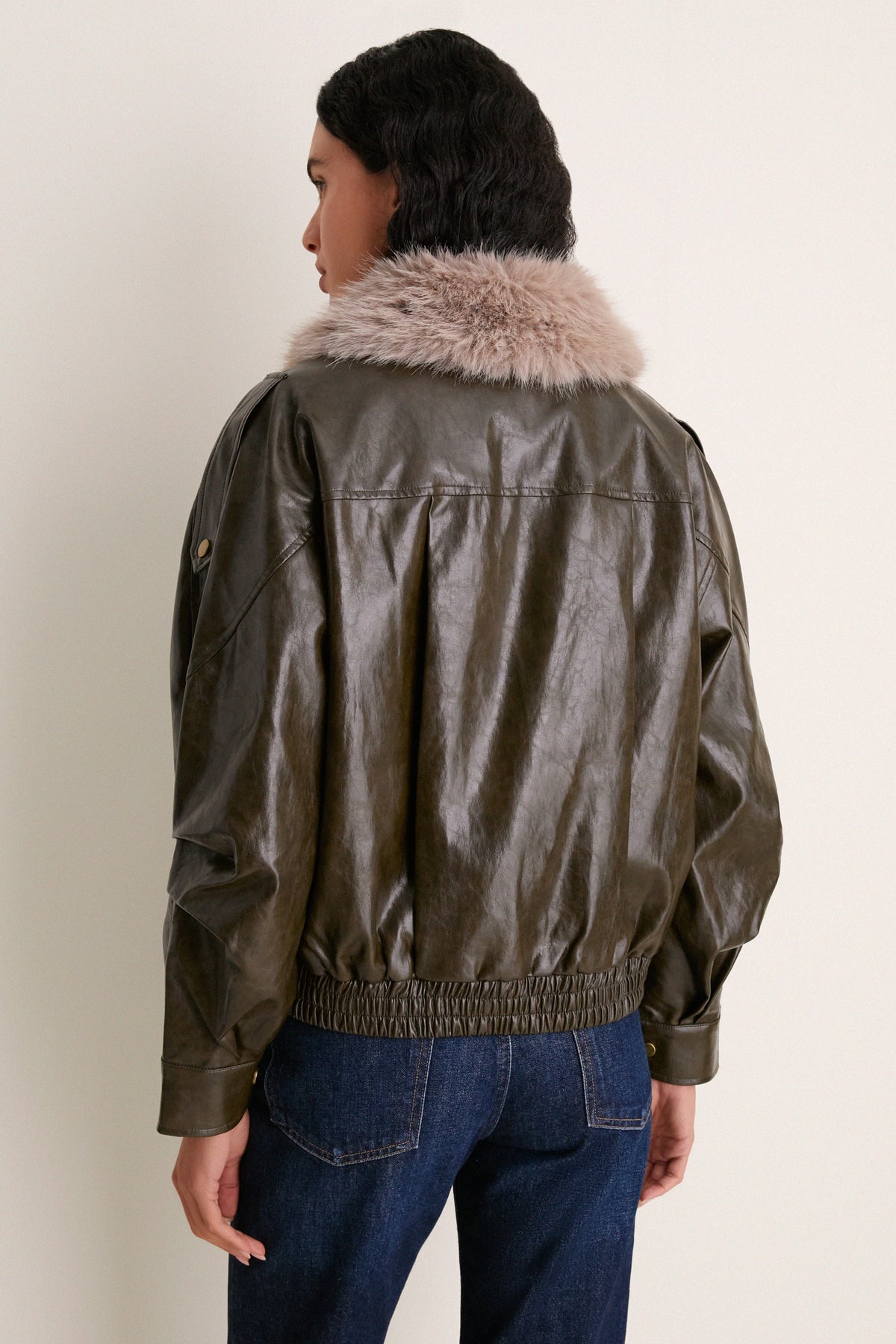Deep Olive Sable Contrast Faux Fur Leather Jacket