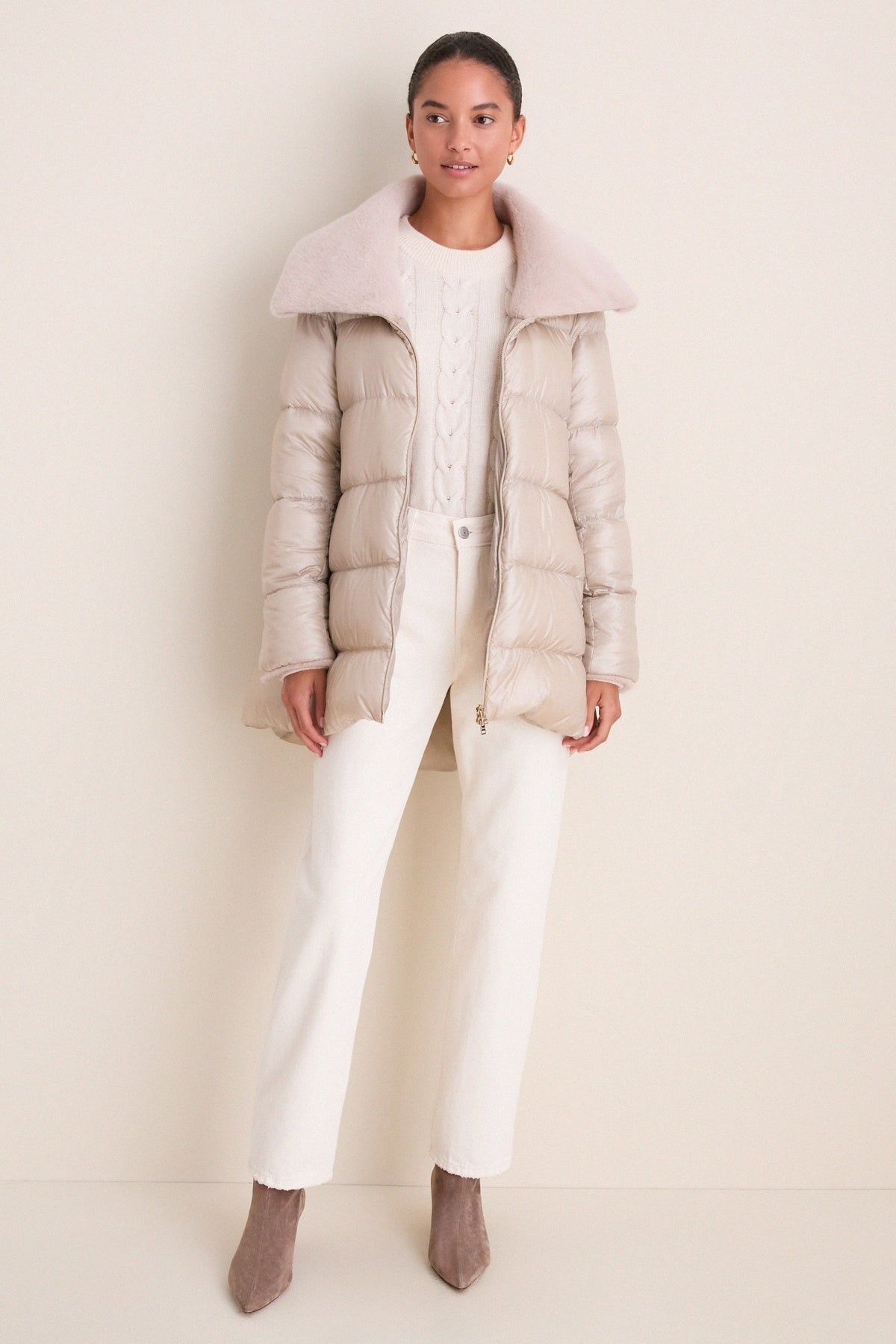 Champagne Nylon Ultralight Mid-Thigh Jacket with Faux Fur Collar