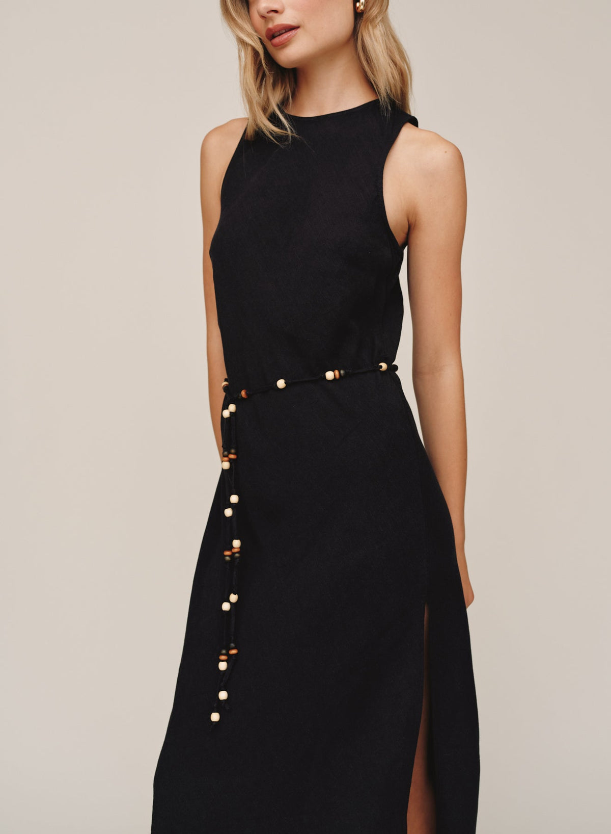 BIAS MIDI DRESS WITH BEADED BELT