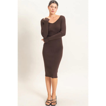 RIBBED V-NECK LONG SLEEVE DRESS