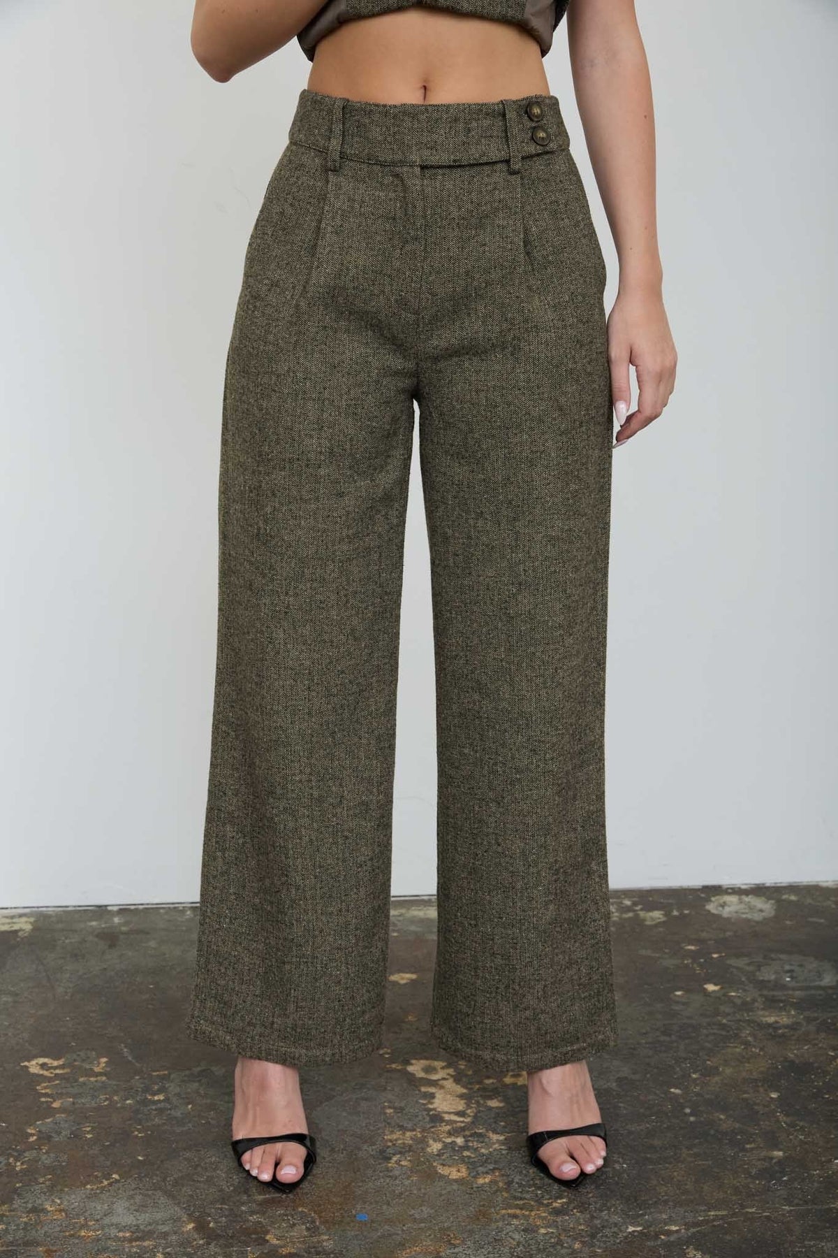 HIGH WAISTED PLEATED WIDE LEG TWEED PANTS