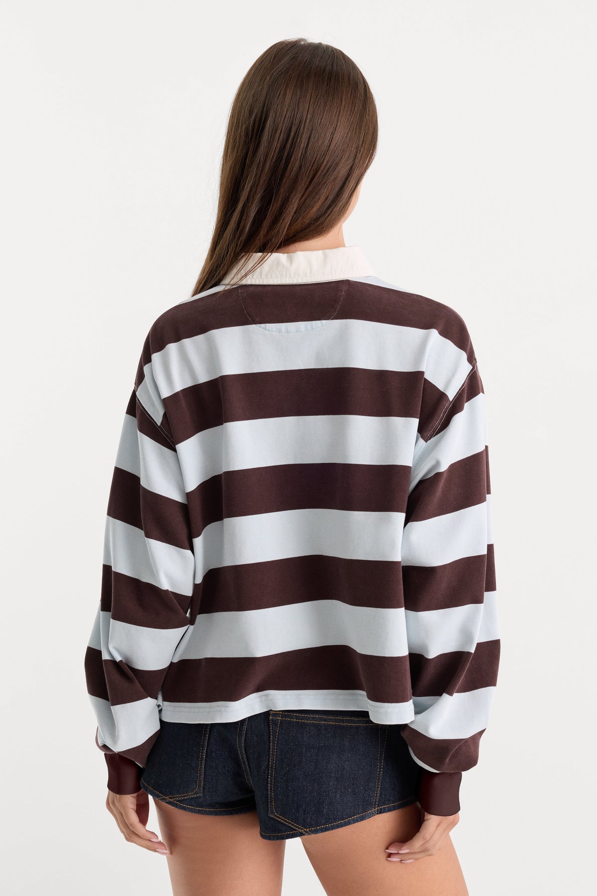 THE CROPPED RUGBY POLO | ESPRESSO SKY BLOCK STRIPE