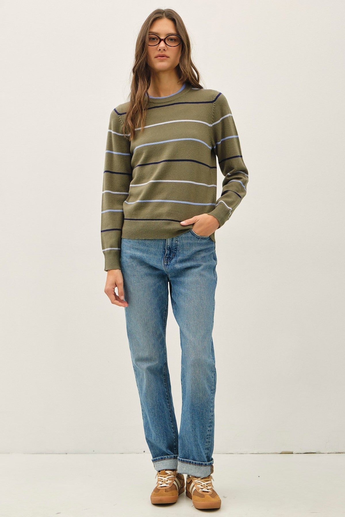 DOUBLE LAYERED LOOK STRIPE SWEATER TOP