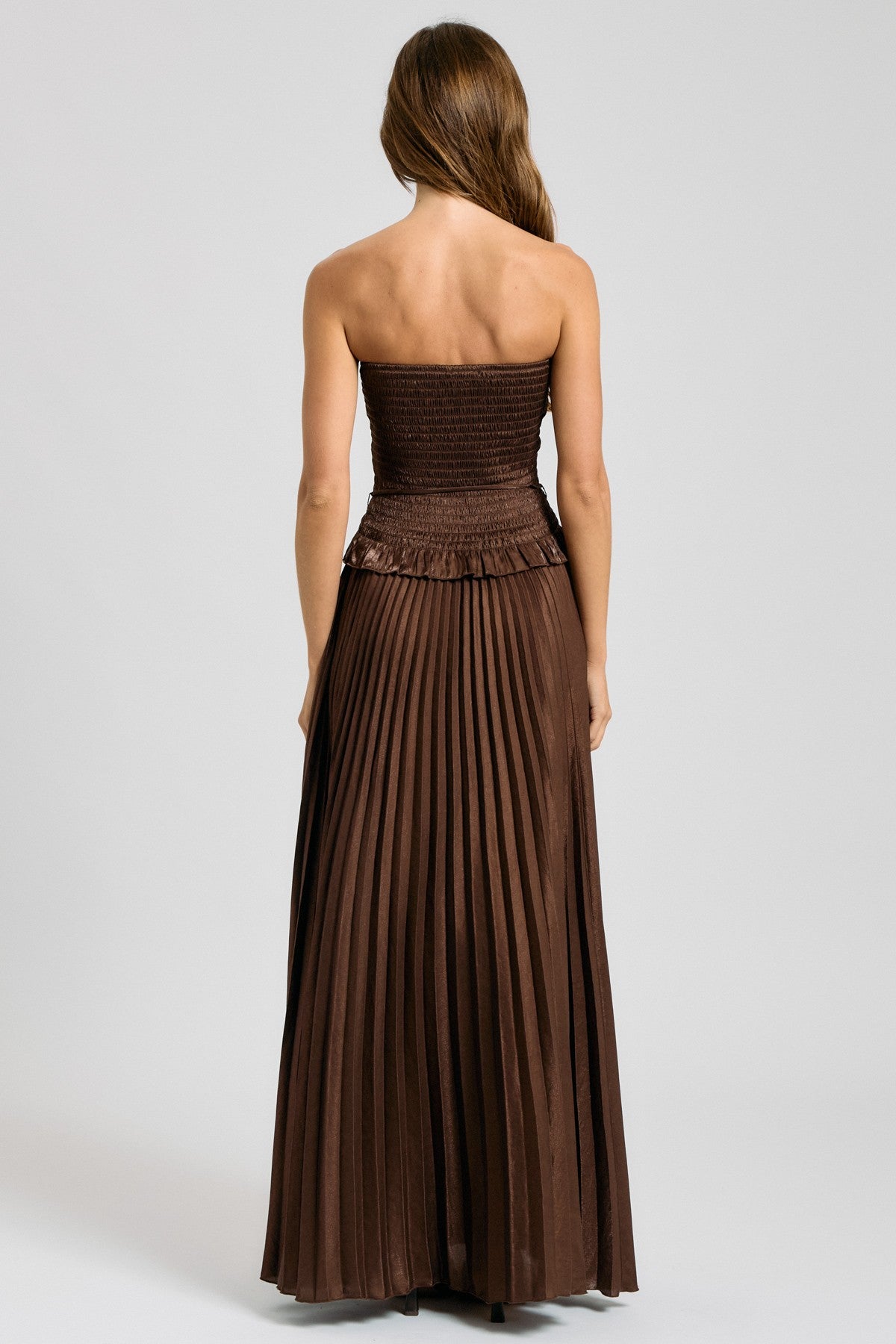 SMOCKED STRAPLESS PLEATED MAXI DRESS