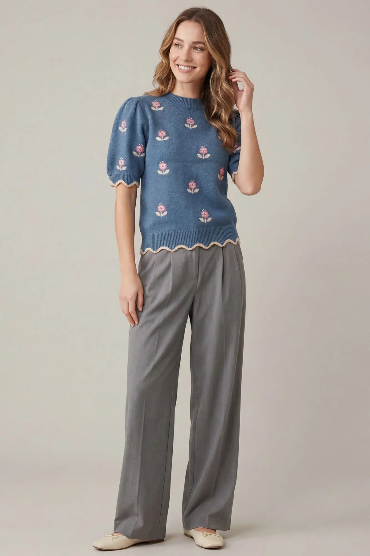 FLOWER EMBROIDERY AND SCALLOPED EDGE SWEATER TOP
