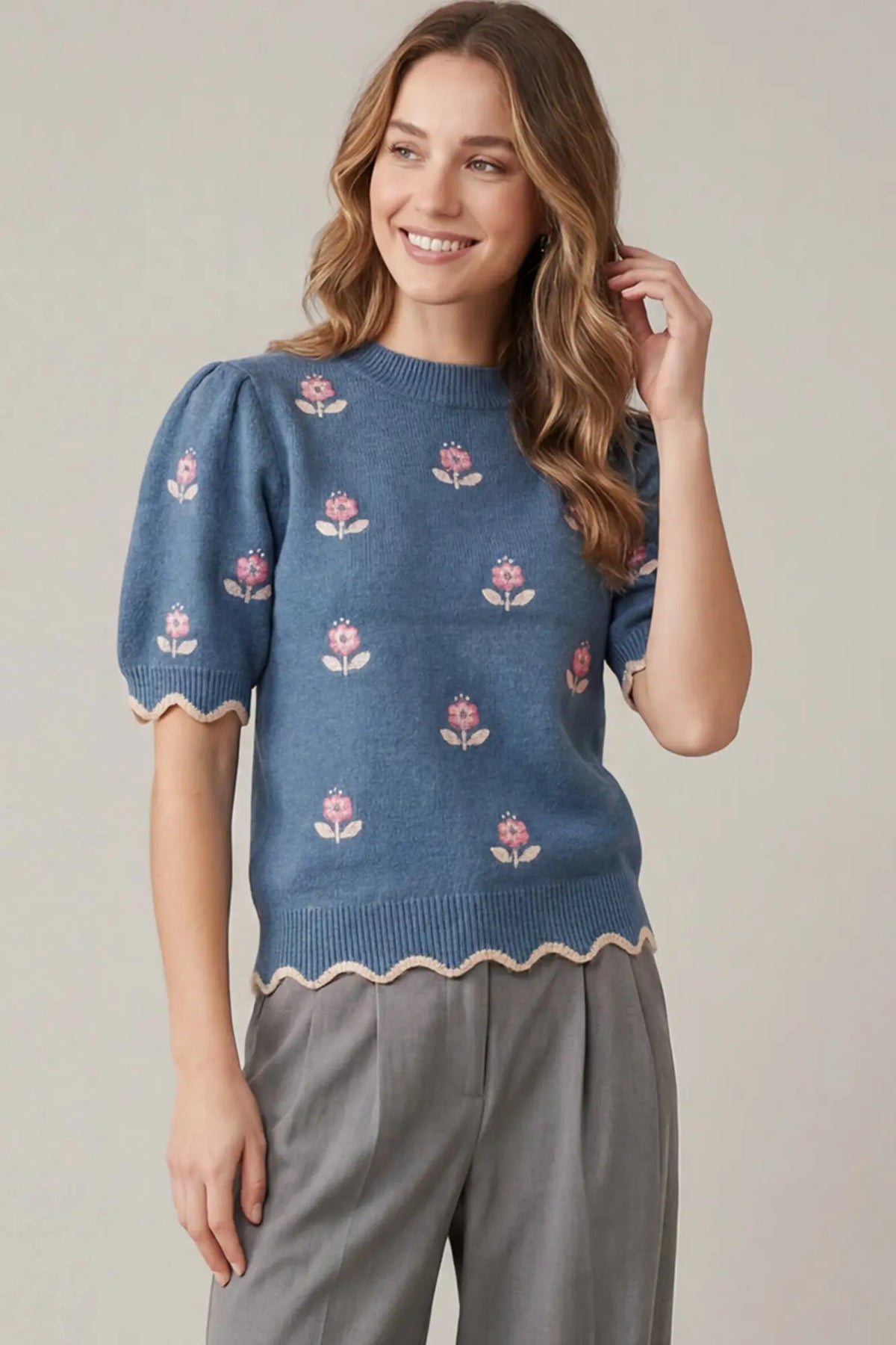 FLOWER EMBROIDERY AND SCALLOPED EDGE SWEATER TOP