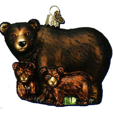 Brown Bear With Cubs Glass Ornament