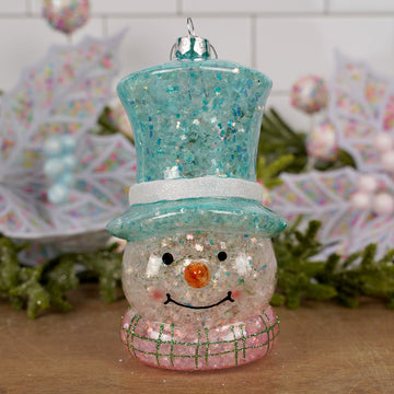Glass Light Blue Top Hat Snowman Ornament