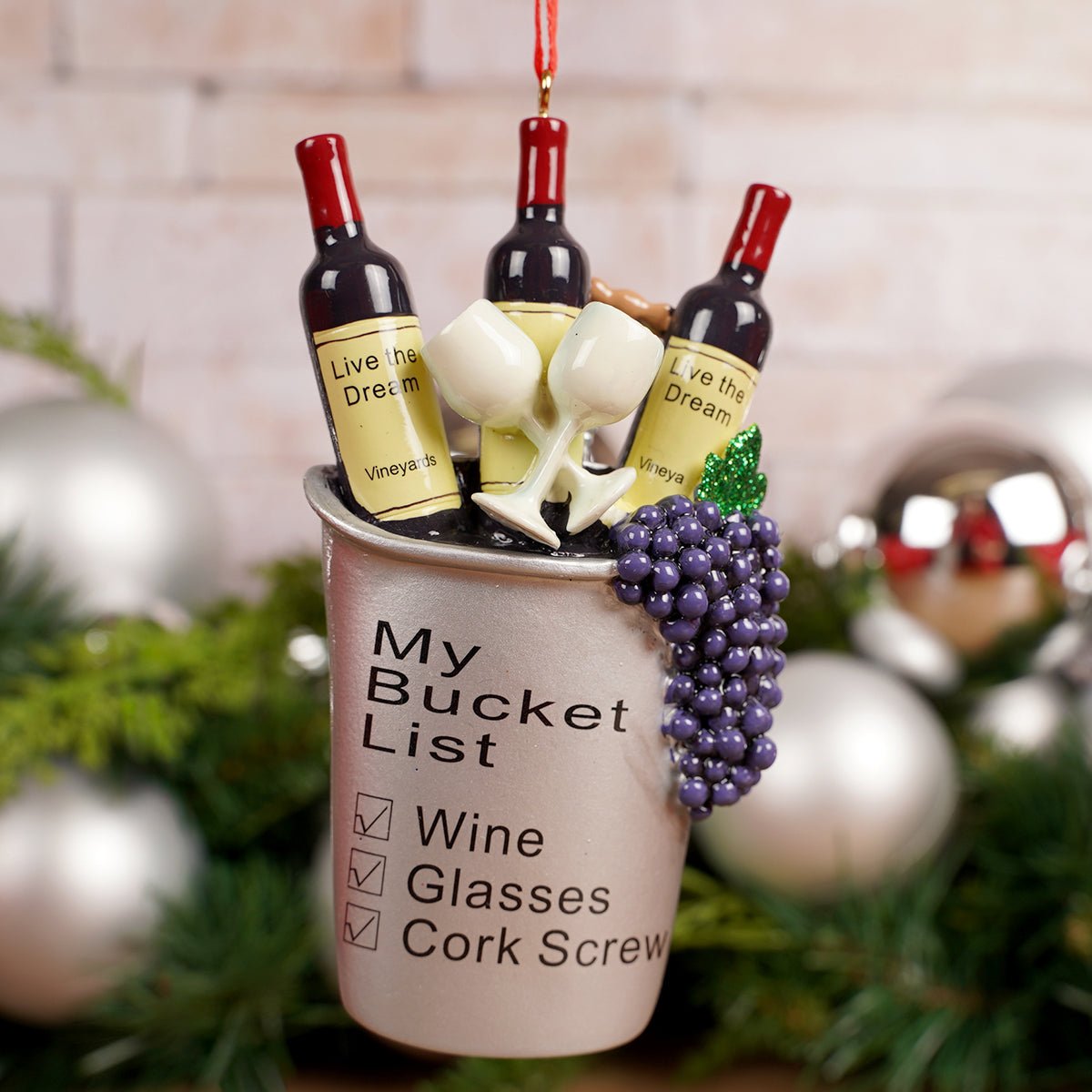 Wine is My Bucket List Christmas Ornament