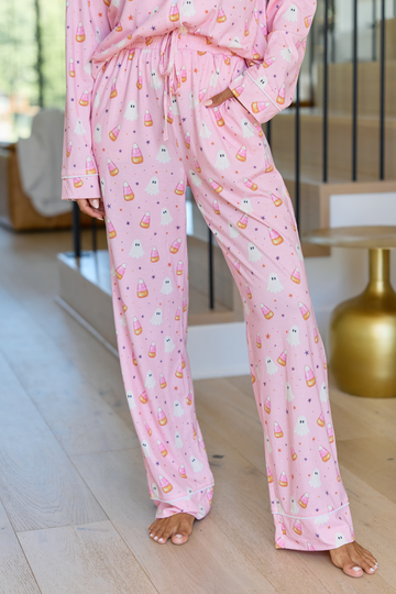 Cozy Crush Lightweight Pajama Pants - Halloween Candy Corn and Ghosts Print