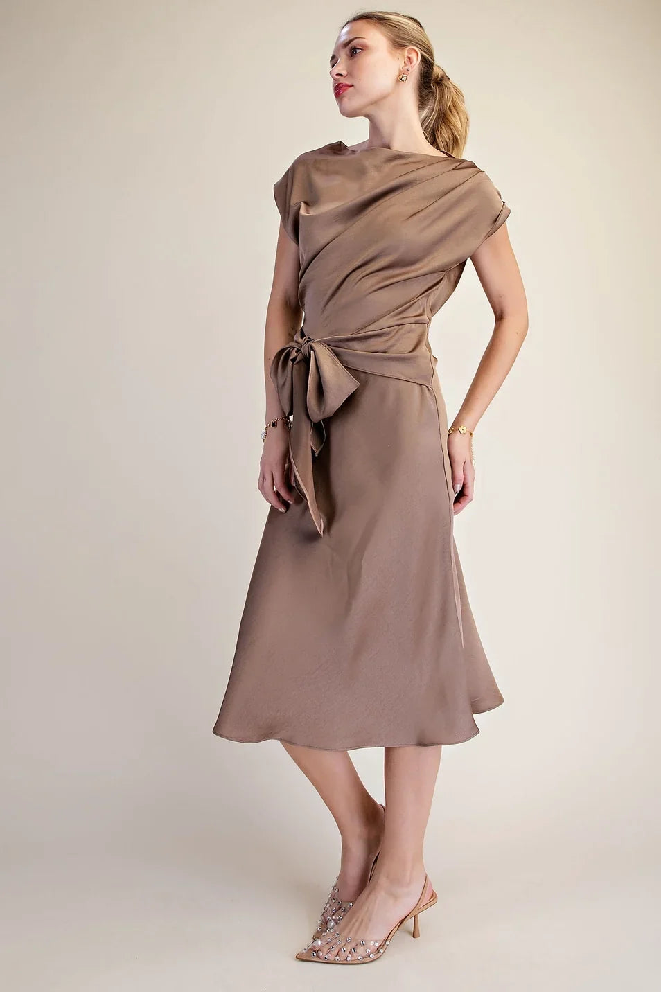 ASYMMETRICAL WAIST TIE MIDI DRESS