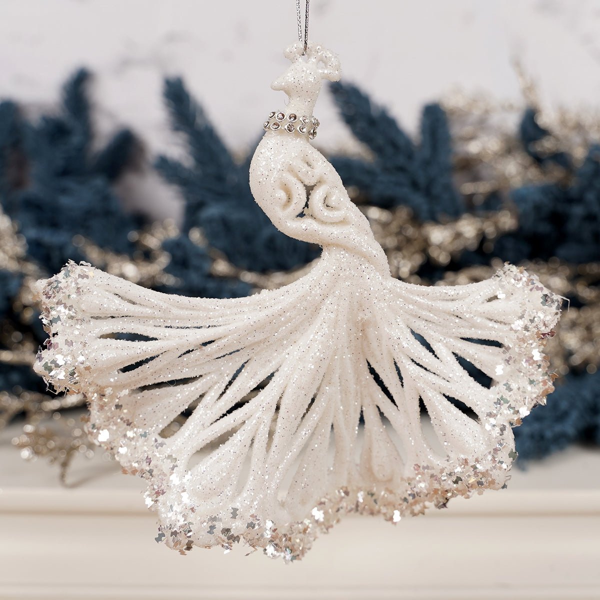 White Silver Peacock Christmas Ornament