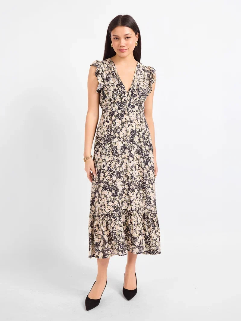 PAINTED FIELDS V NECK MIDI DRESS