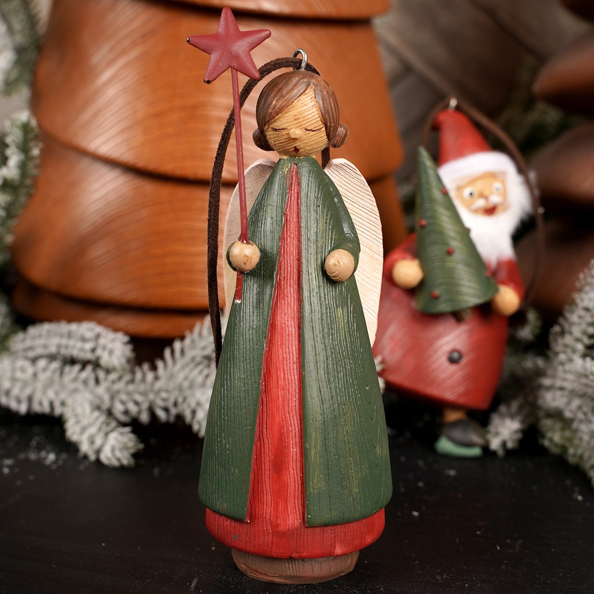 Wooden Santa and Angel Christmas Ornaments