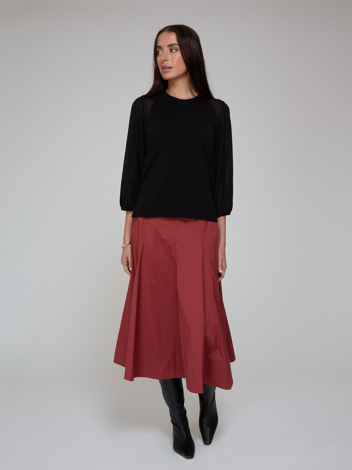 Hi Lo Crew W/ Sheer Puff Sleeves in Black