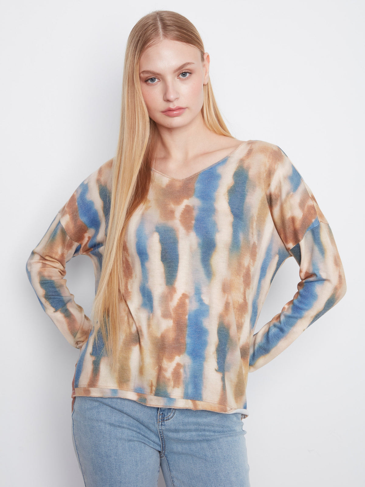 Printed V-Neck Knit Top - Paint