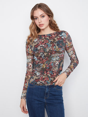 Printed Mesh Boat Neck Top - Azalea