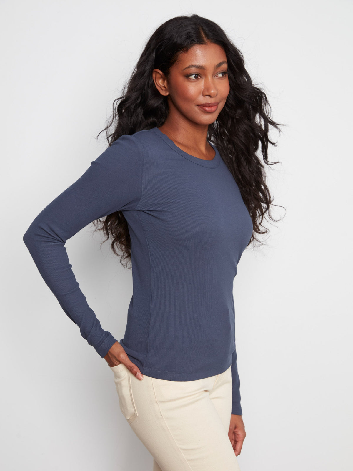 Cotton Blend Ribbed Long Sleeve Top - Midnight