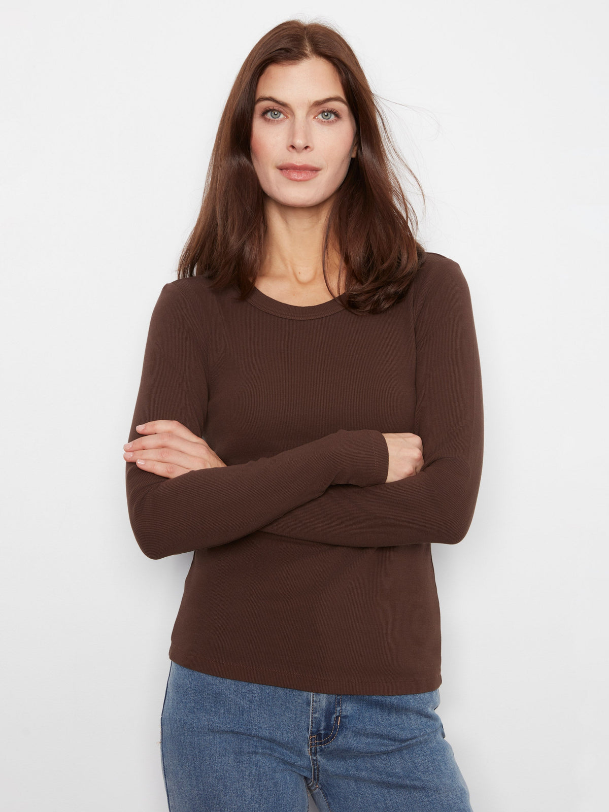 Cotton Blend Ribbed Long Sleeve Top - Coffee