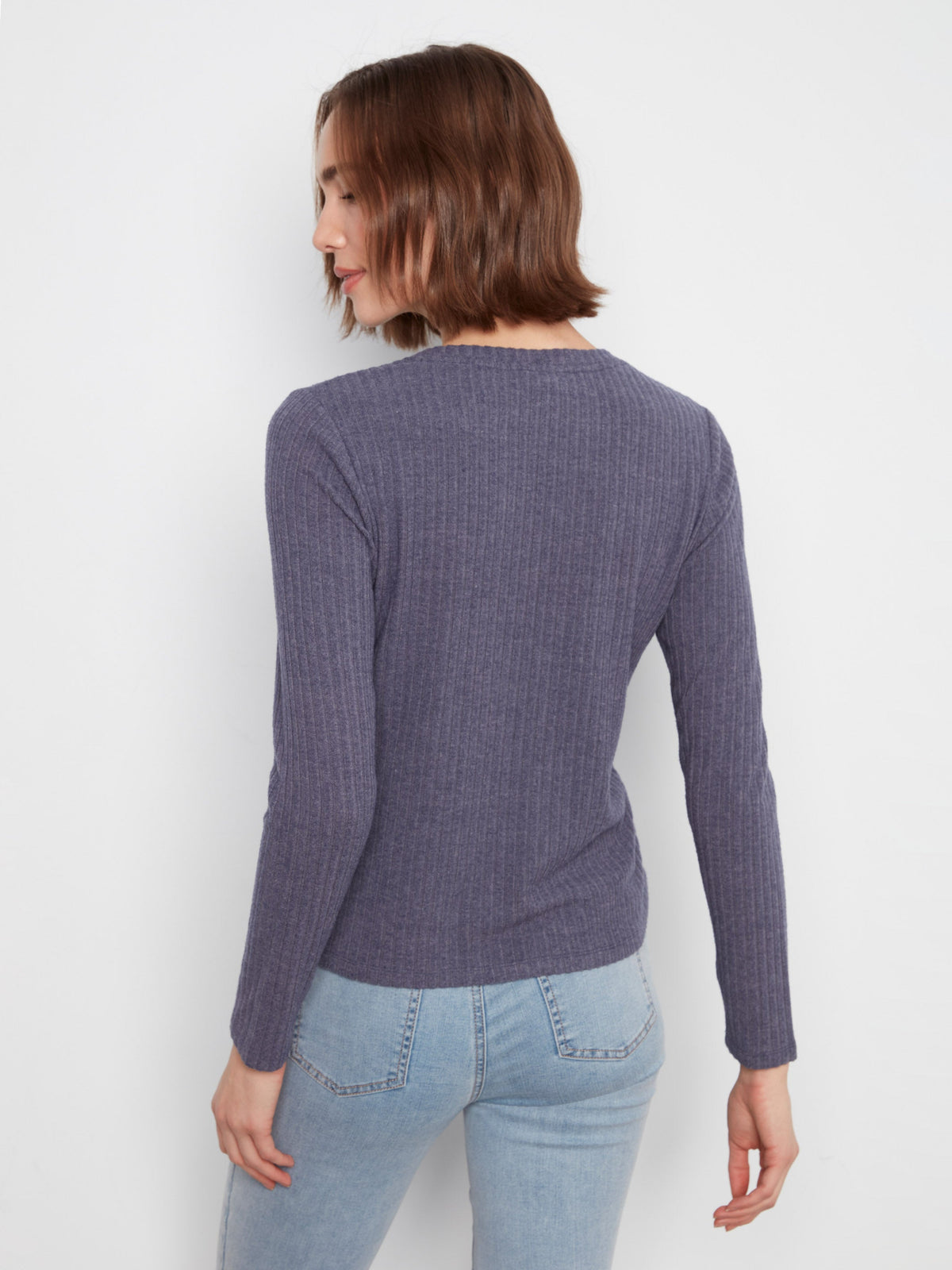 Brushed Ribbed Crew Neck Top - Heather Denim