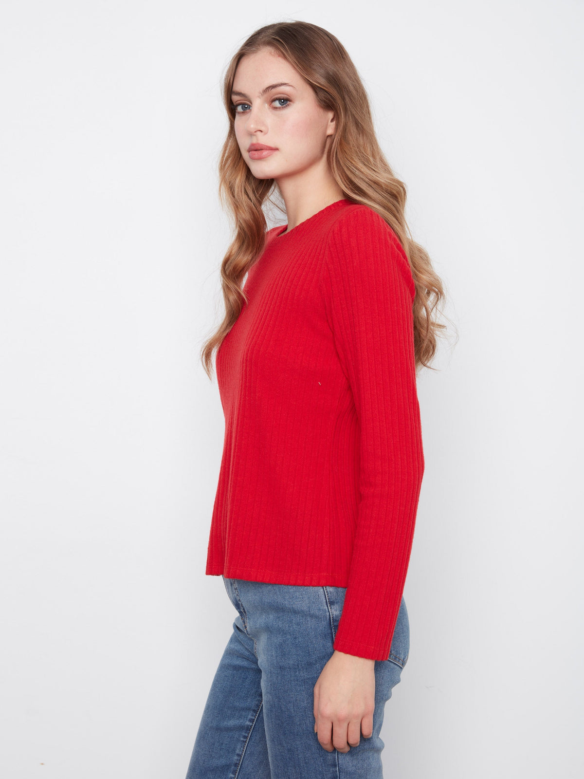 Brushed Ribbed Crew Neck Top - Equestrian