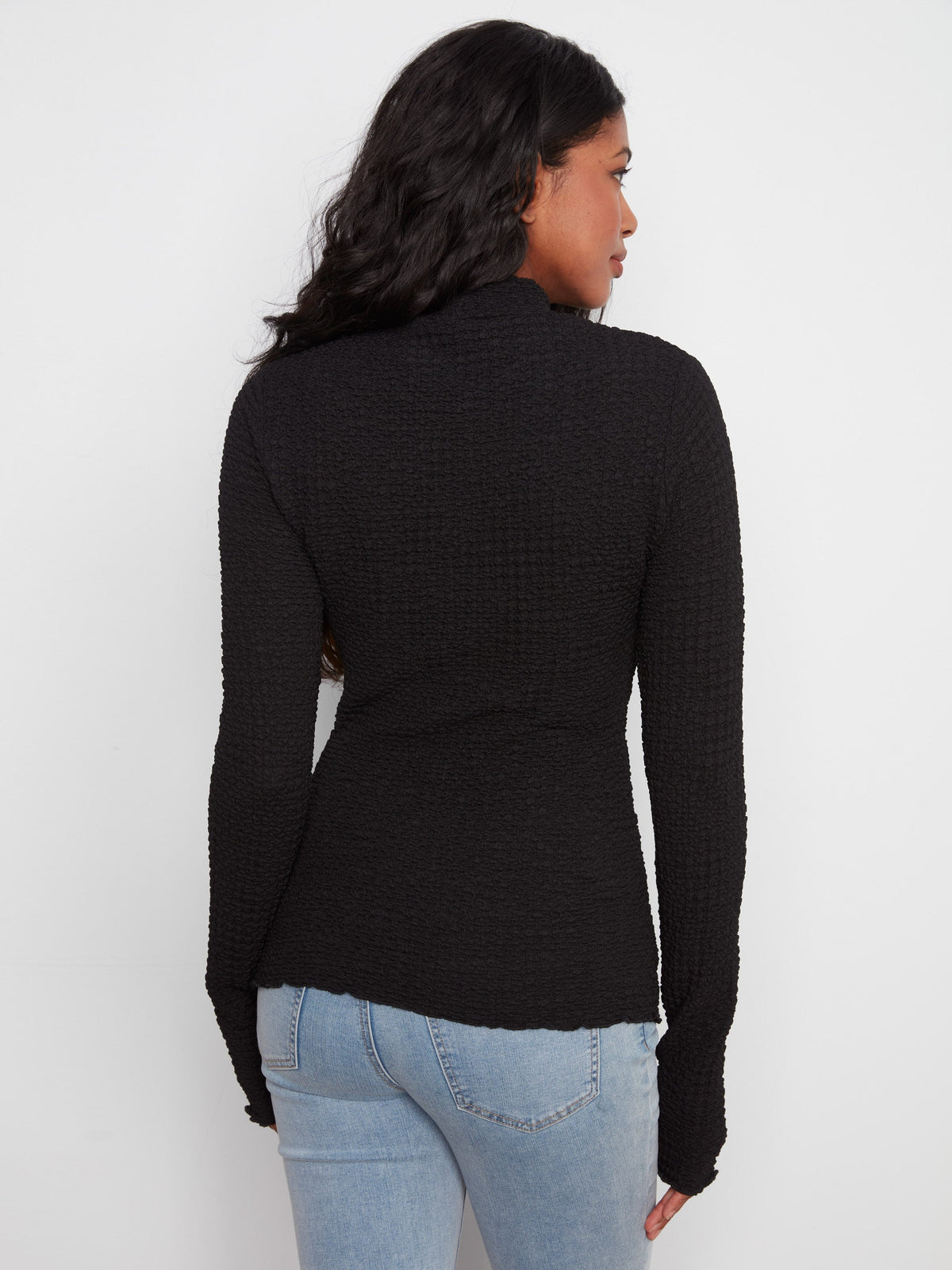 Bubble Knit Mock Neck Top - Black
