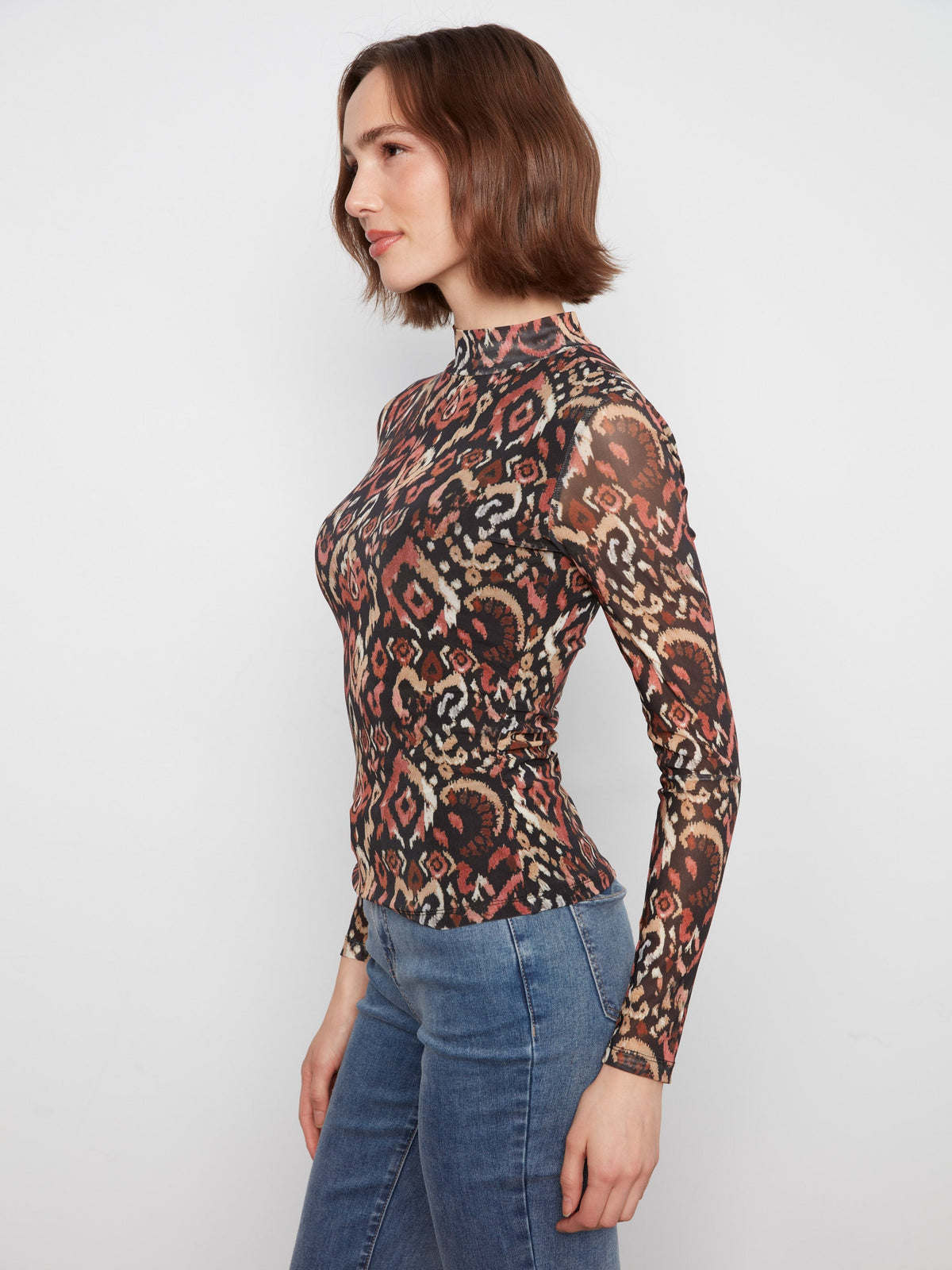 Printed Mesh Mock Neck Top - Kaia
