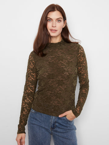 Lace Mock Neck Top - Dark Olive
