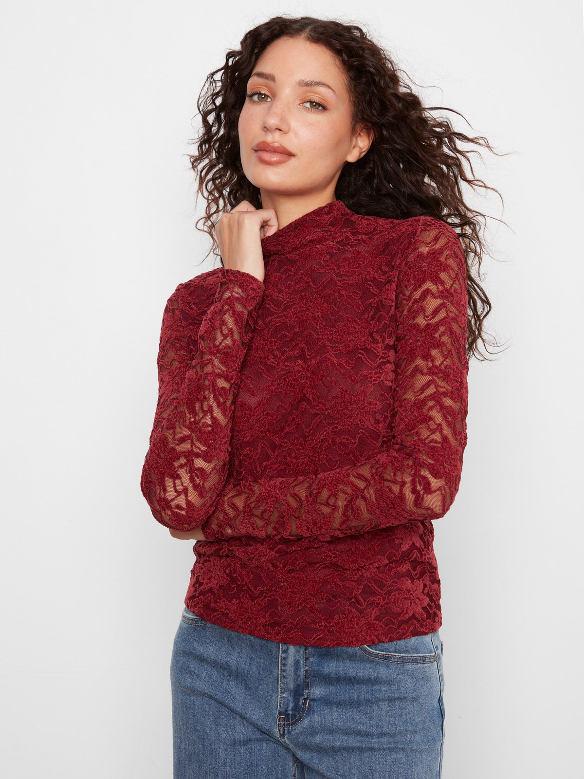 Lace Mock Neck Top - Merlot