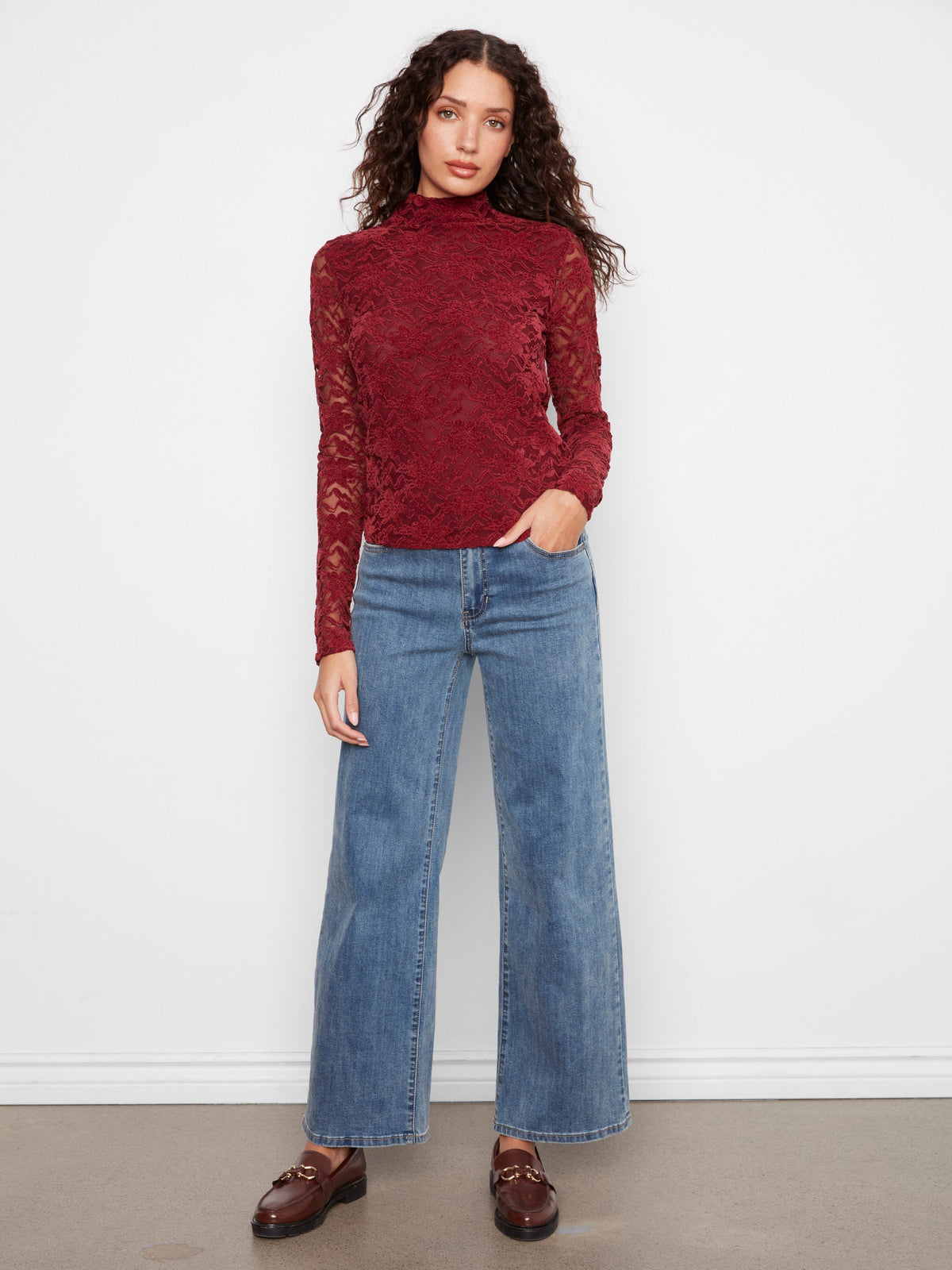 Lace Mock Neck Top - Merlot