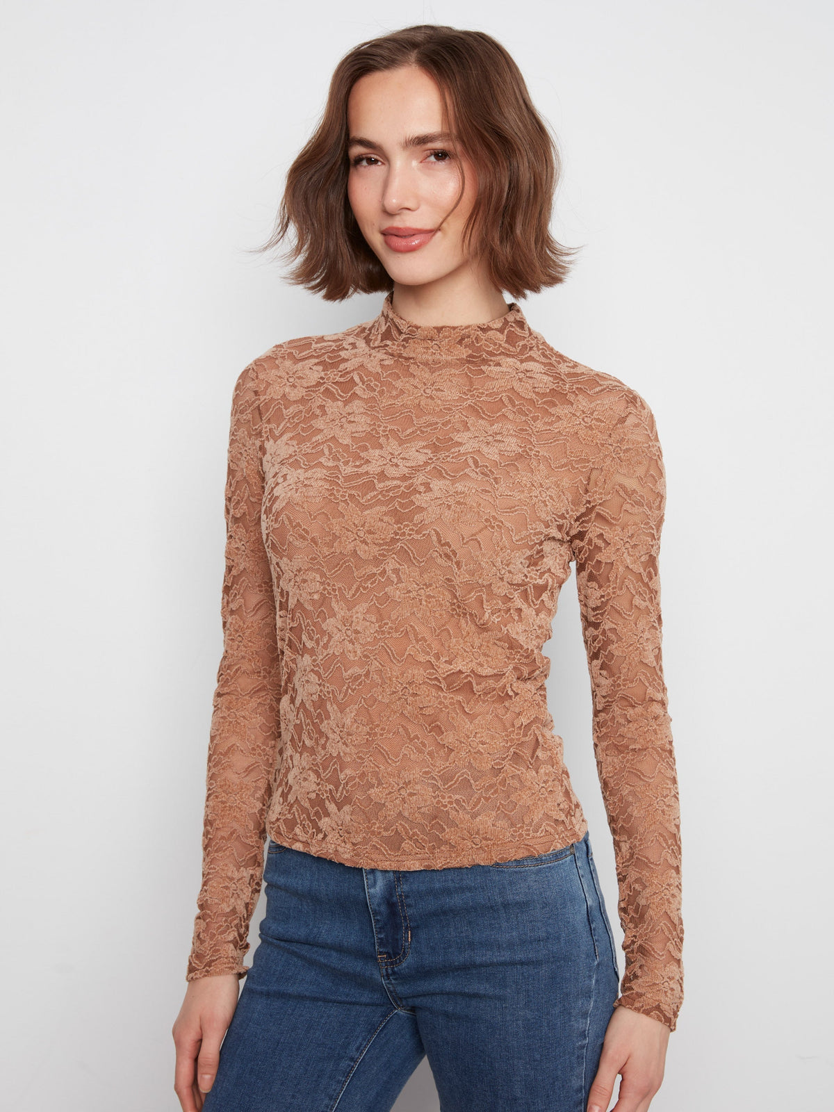 Lace Mock Neck Top - Truffle