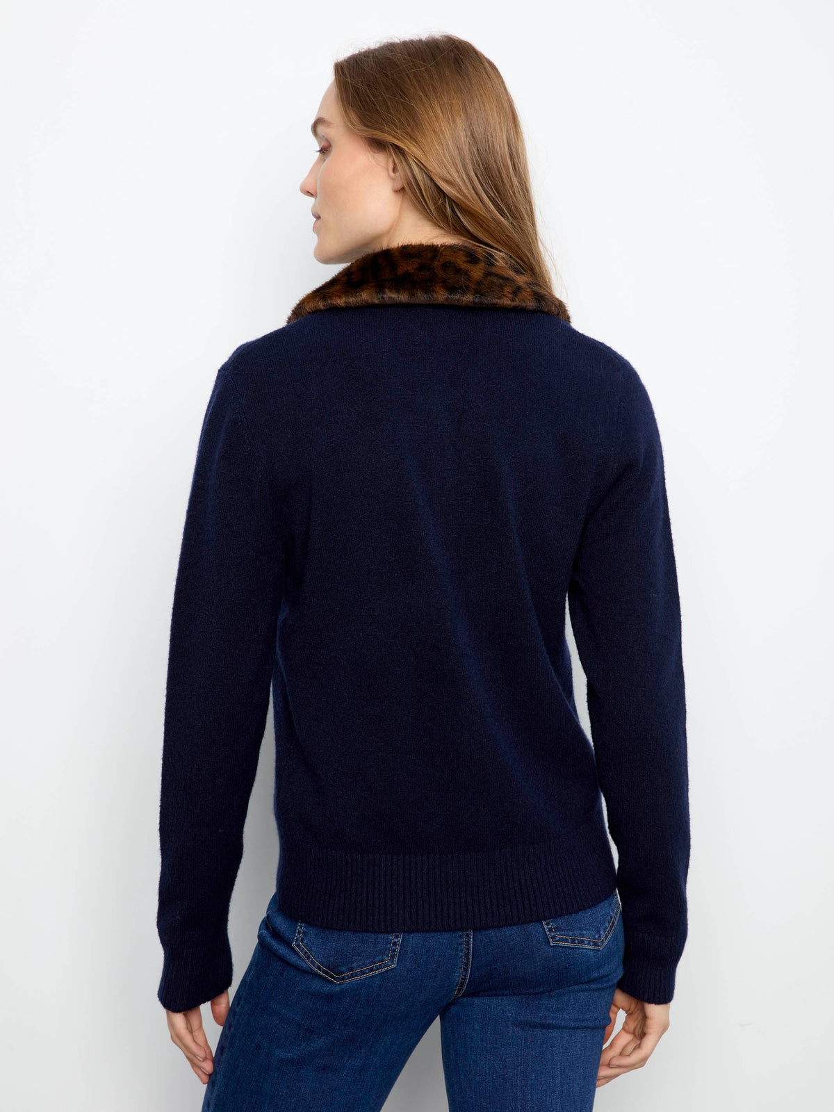 Faux Fur Collar Cardigan - Navy