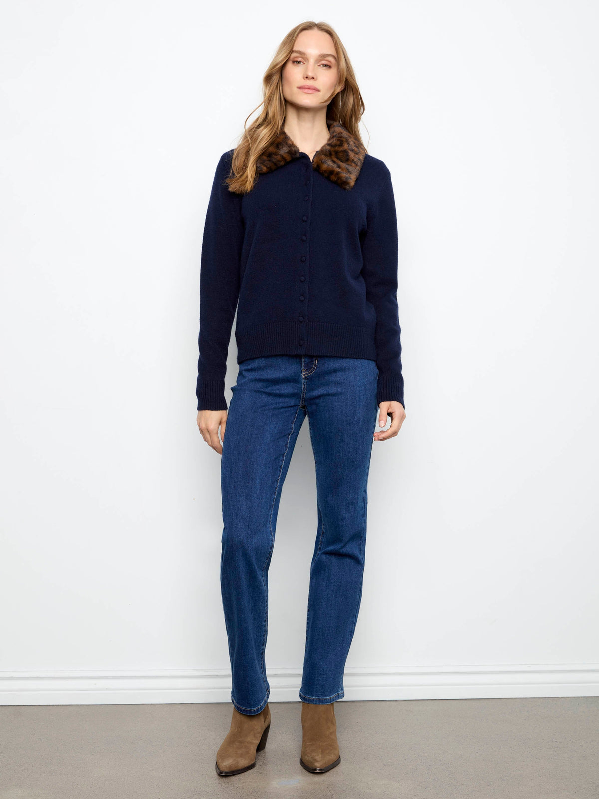 Faux Fur Collar Cardigan - Navy