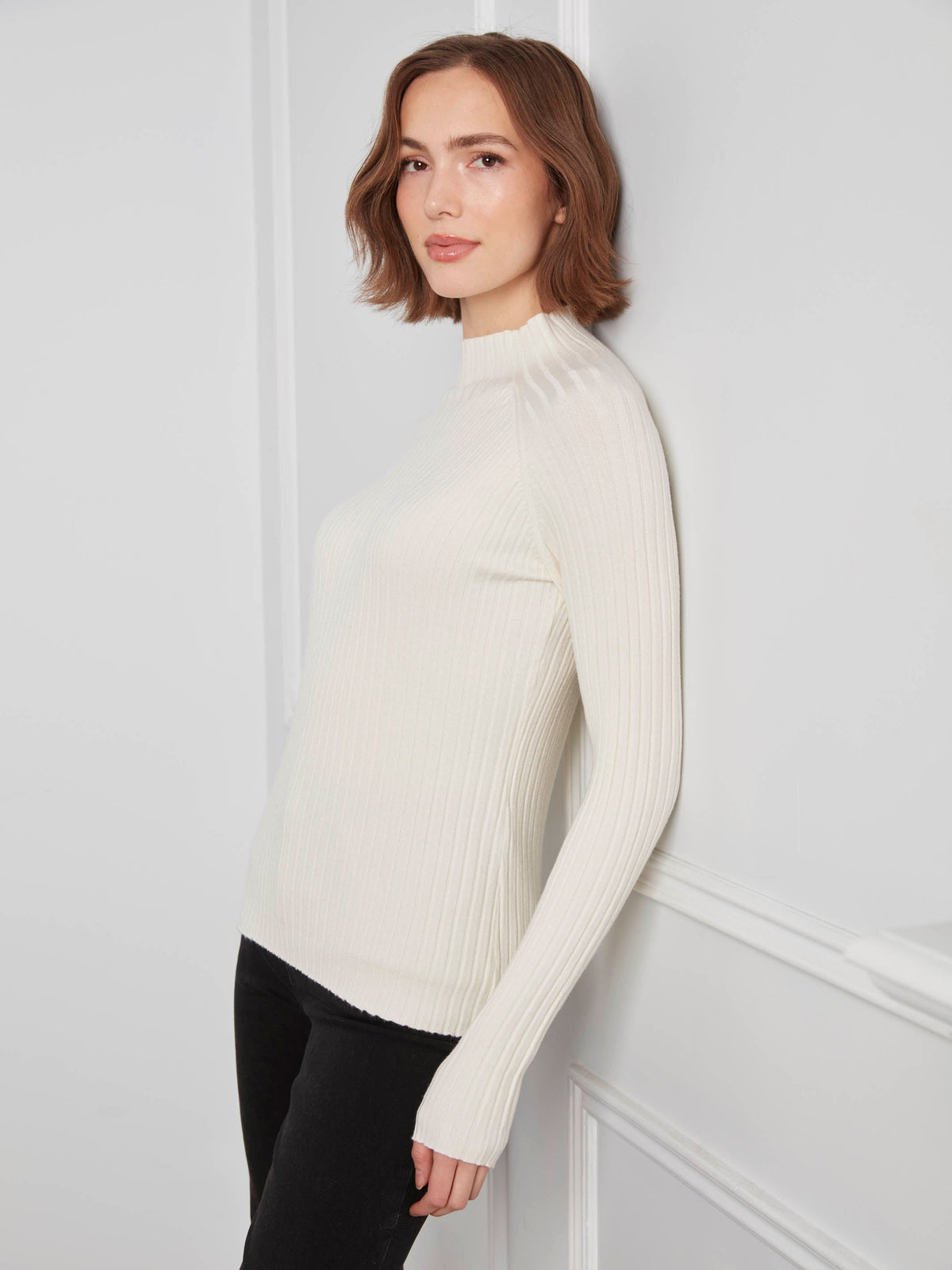 Ribbed Knit Mock Neck Sweater - Ecru