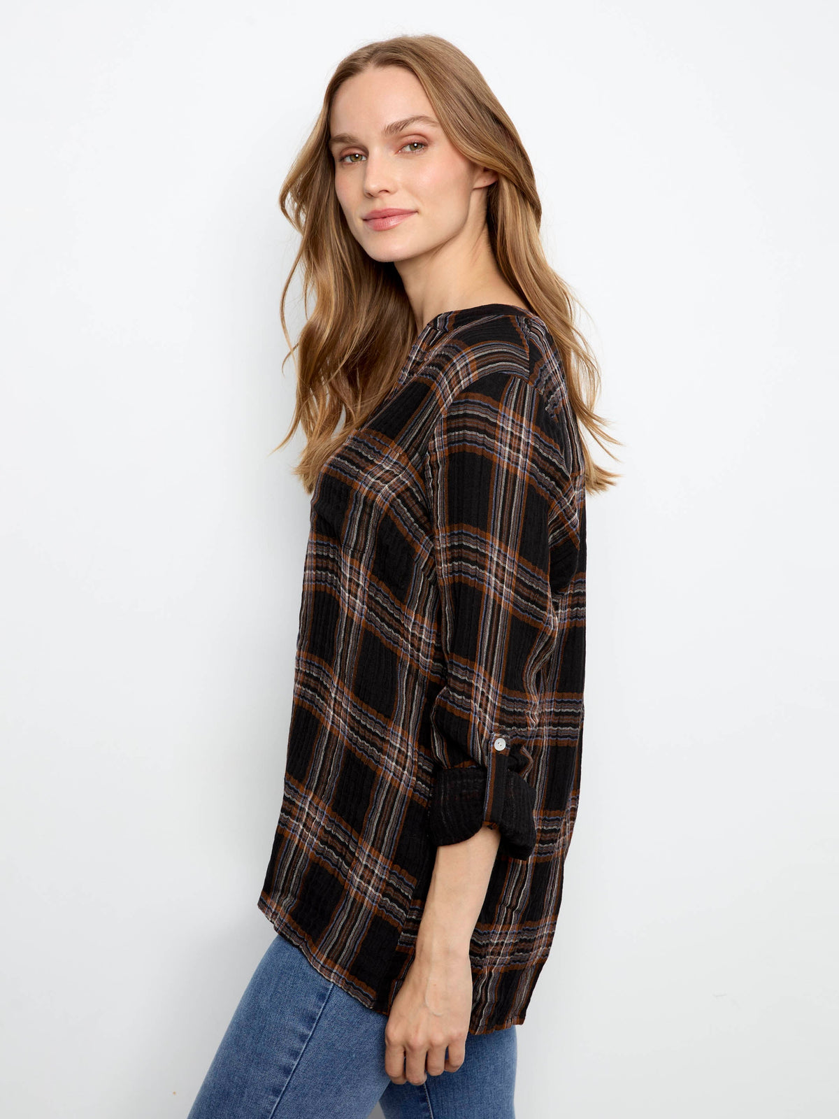 Plaid Double Gauze Blouse - Black