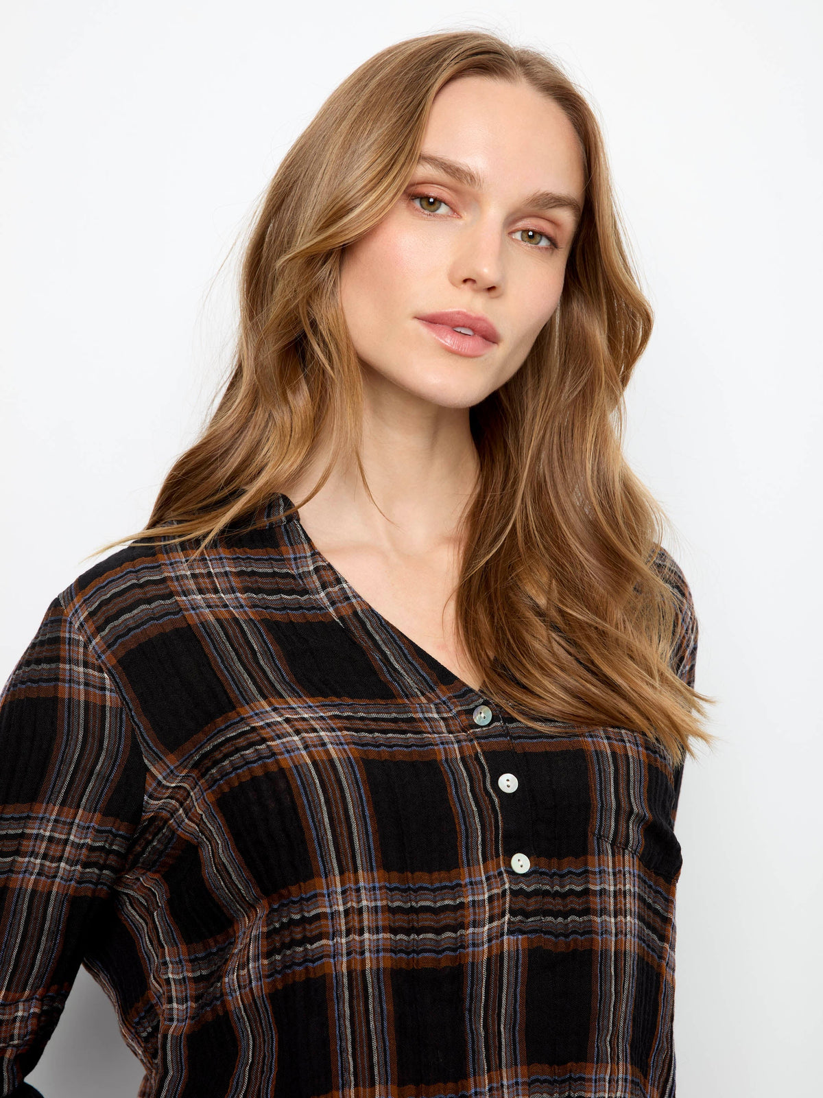 Plaid Double Gauze Blouse - Black