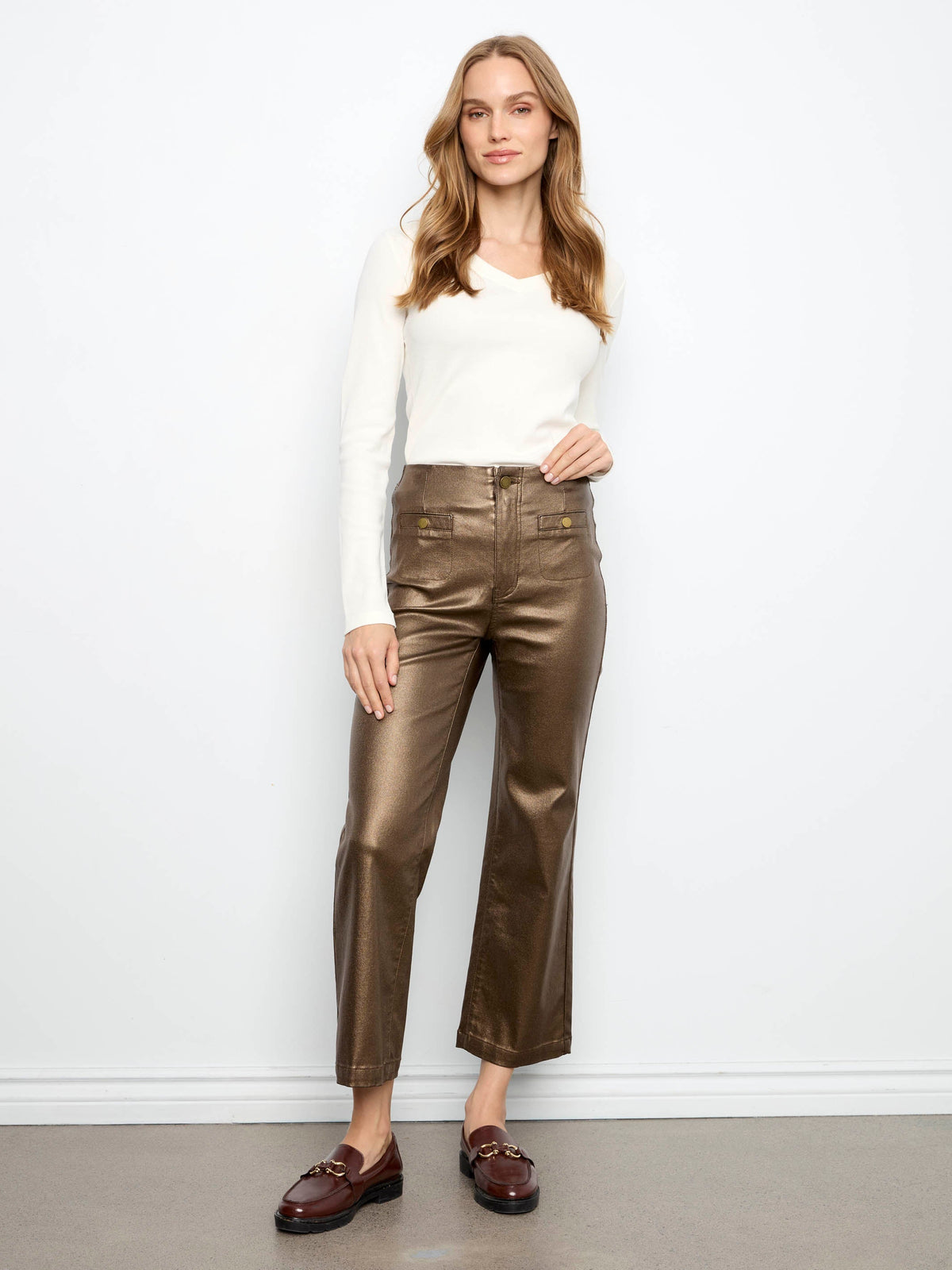 Metallic Waxed Twill Flare Pants - Copper