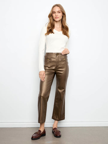 Metallic Waxed Twill Flare Pants - Copper