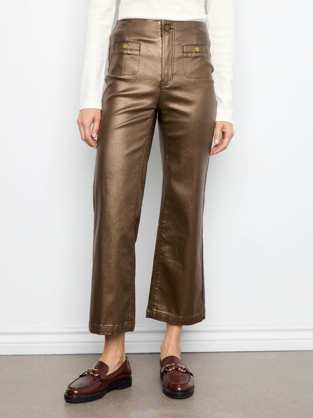 Metallic Waxed Twill Flare Pants - Copper