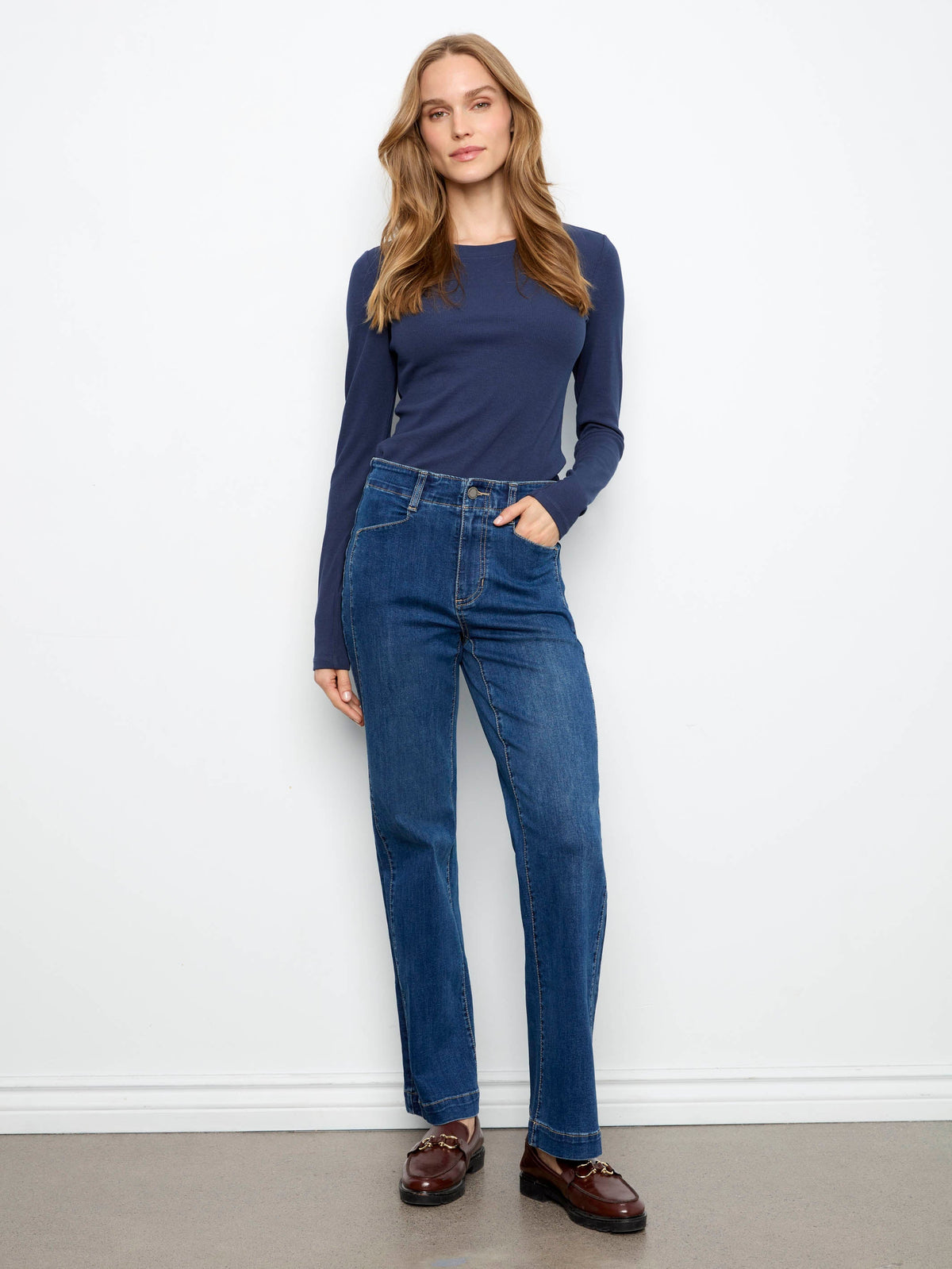 Straight Leg Jeans With Front Panel Detail - Washed Indigo