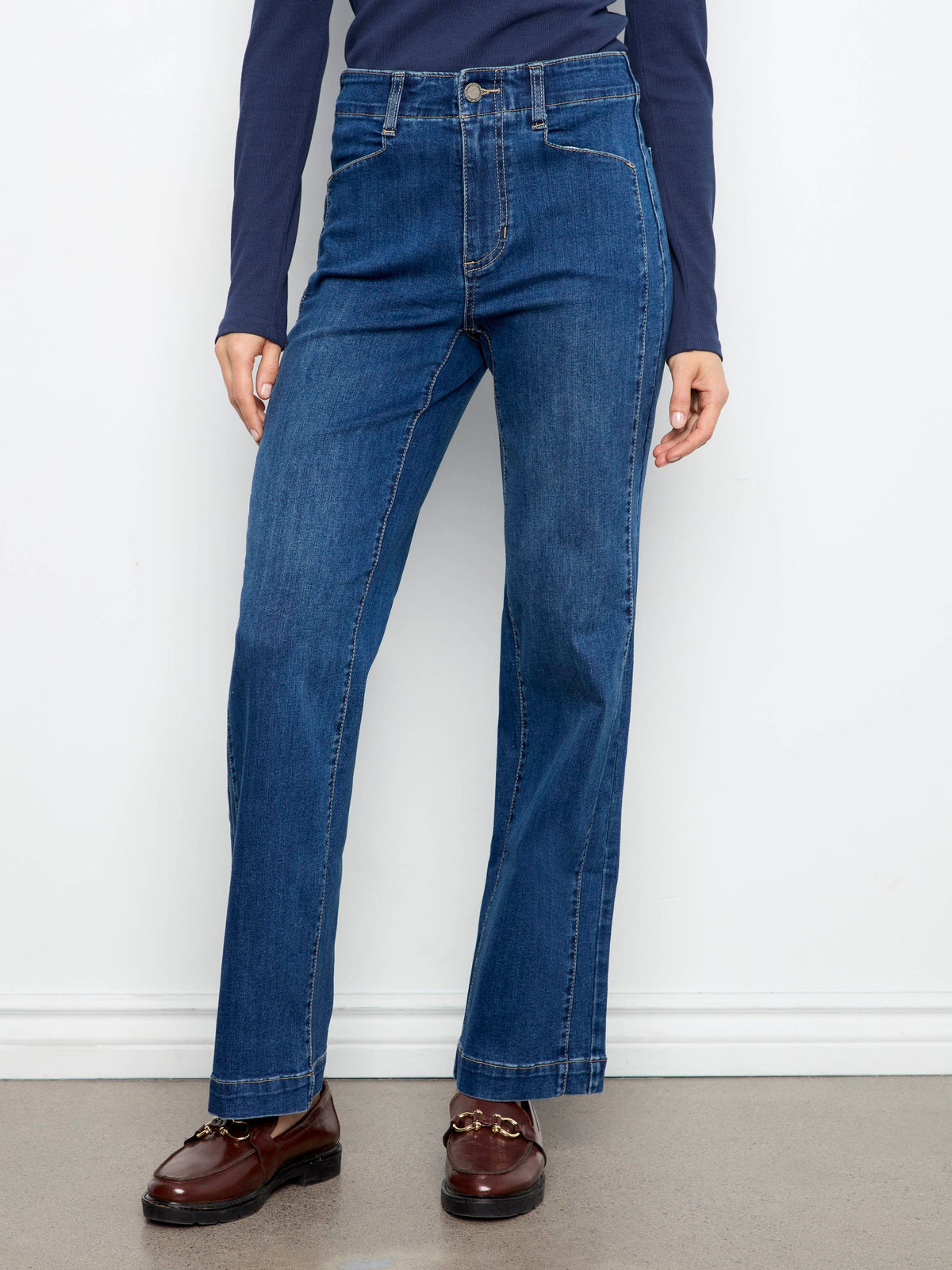 Straight Leg Jeans With Front Panel Detail - Washed Indigo