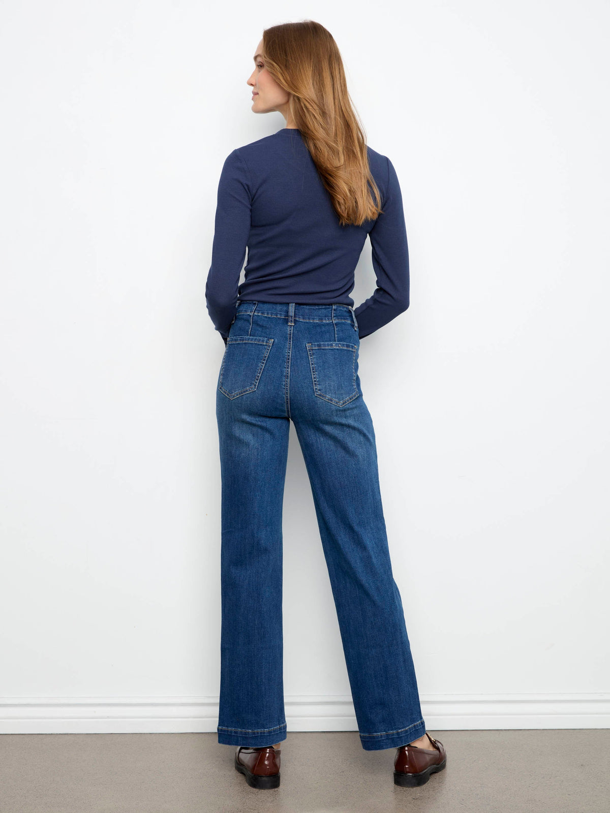 Straight Leg Jeans With Front Panel Detail - Washed Indigo