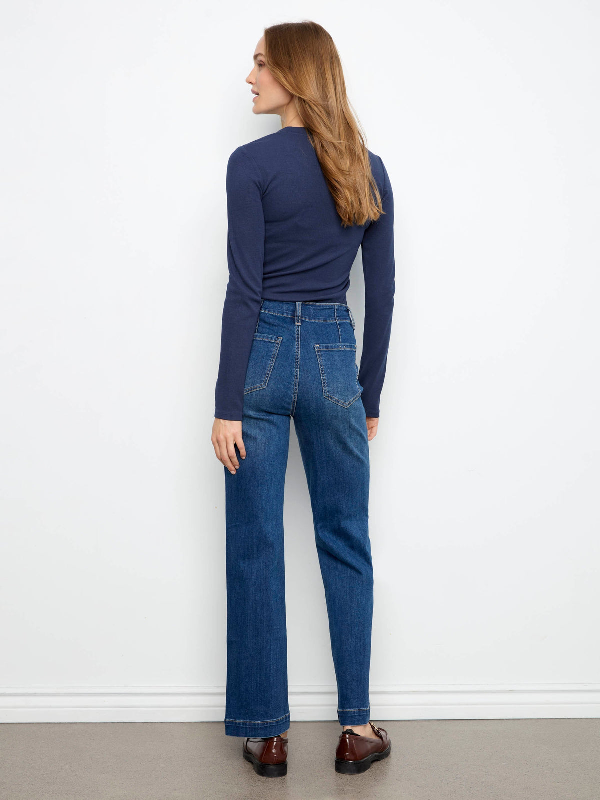 Straight Leg Jeans With Front Panel Detail - Washed Indigo