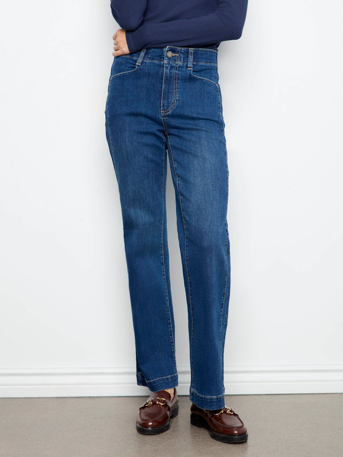 Straight Leg Jeans With Front Panel Detail - Washed Indigo