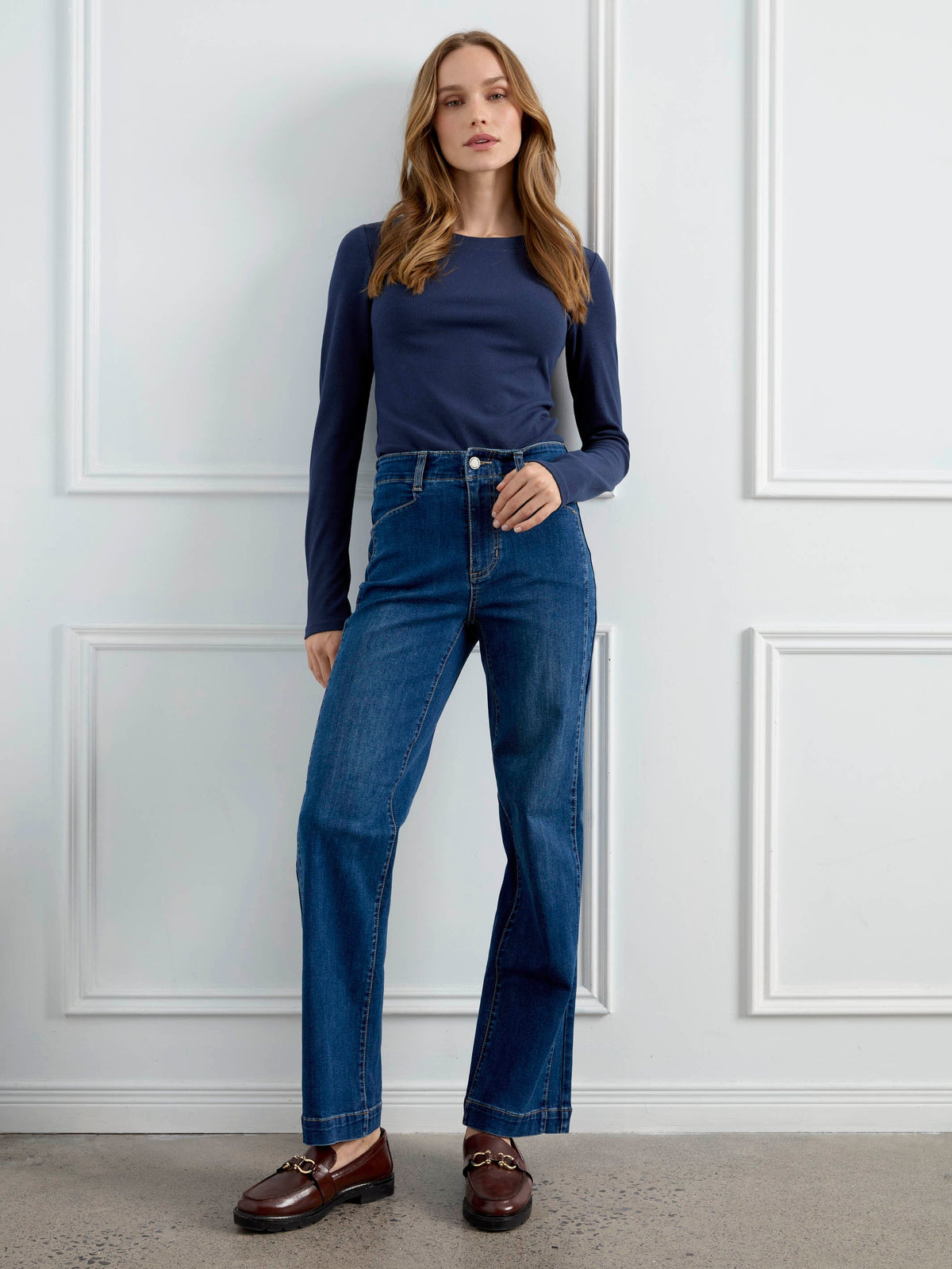 Straight Leg Jeans With Front Panel Detail - Washed Indigo