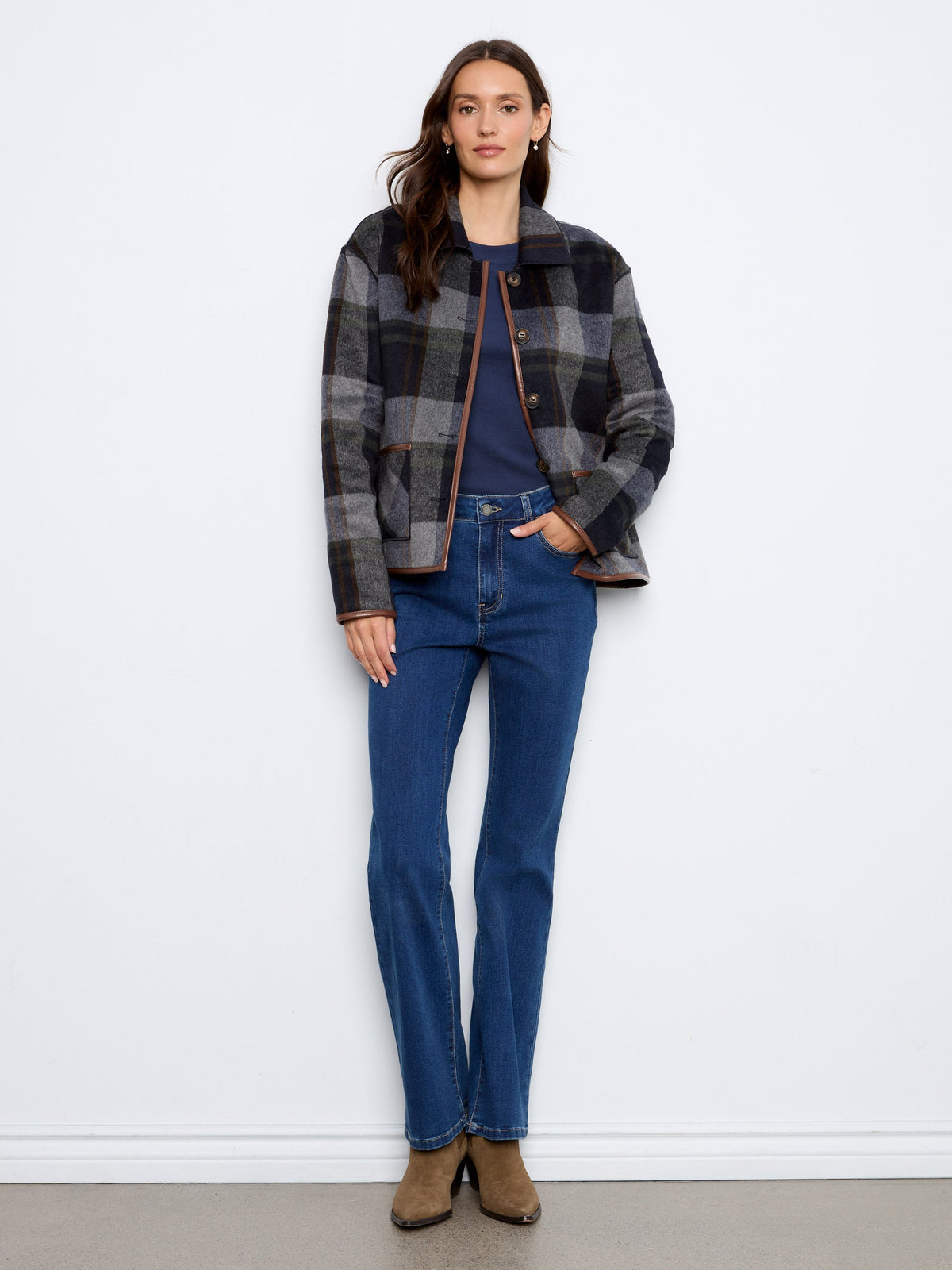 Reversible Plaid Jacket With Faux Leather Binding - Navy