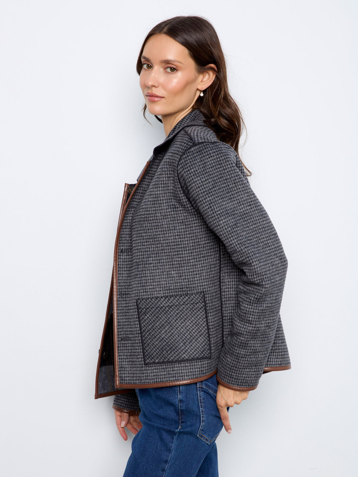 Reversible Plaid Jacket With Faux Leather Binding - Navy