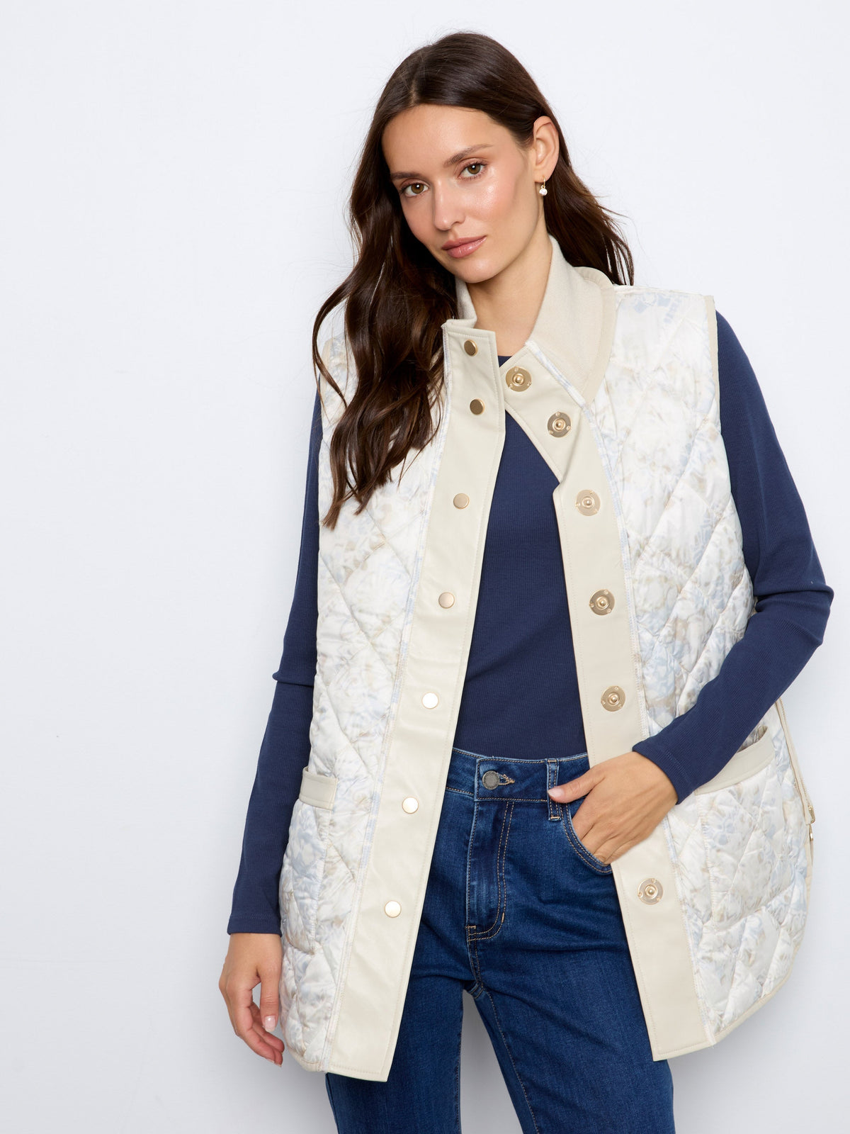 Irridescent Printed Reversible Quilted Vest - Pearl